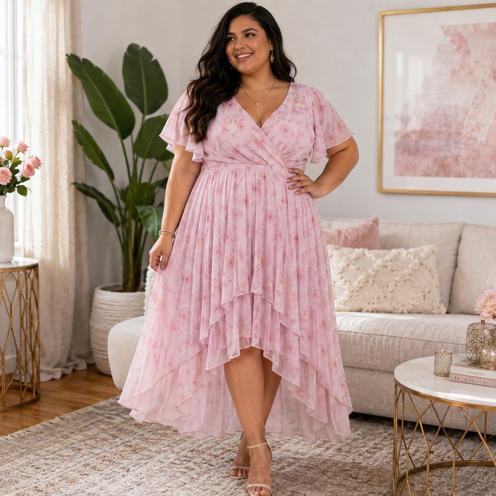 Ever-Pretty Pink Floral Chiffon High-Low V-Neck Formal Dress Plus Size 24 4XL